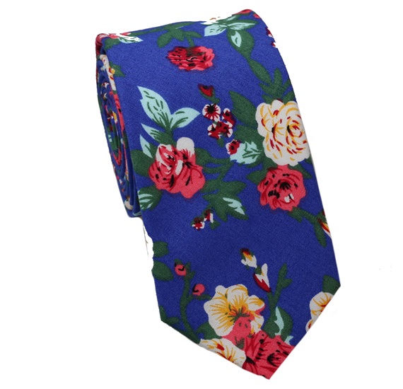 Cravatta Stretta Blu Royal con Fiori