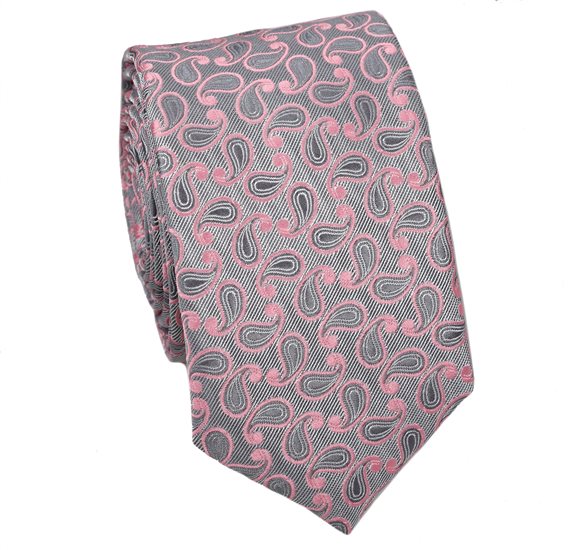 Cravatta Stretta Grigia Paisley Rosa