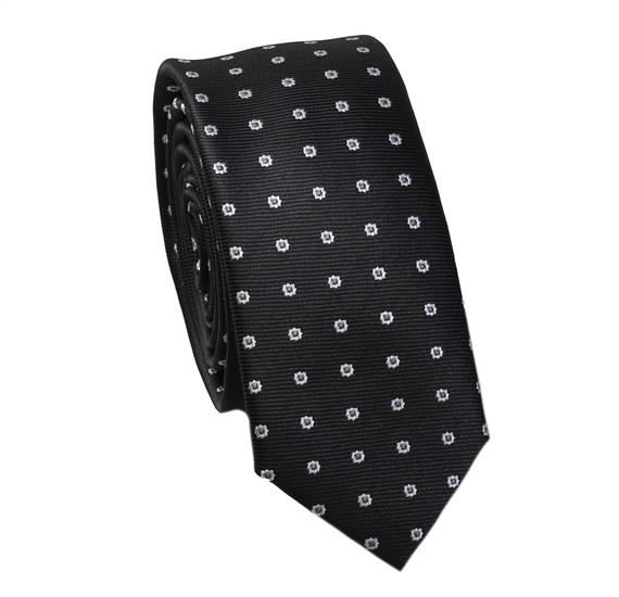 Cravatta Stretta Nera Fiori Bianchi
