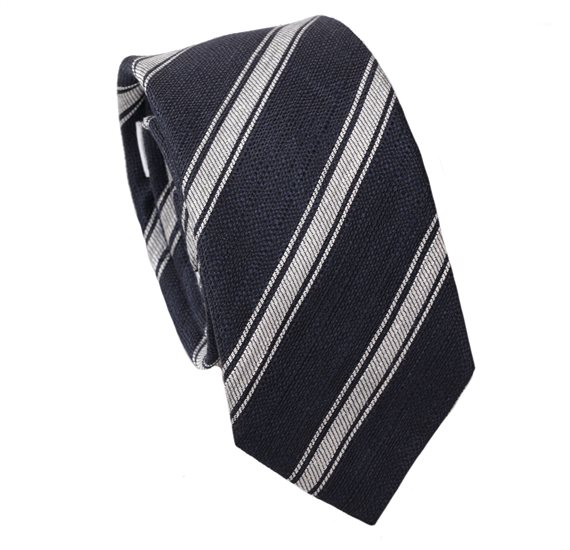 Cravatta Stretta in Seta Blu a Righe Grigie