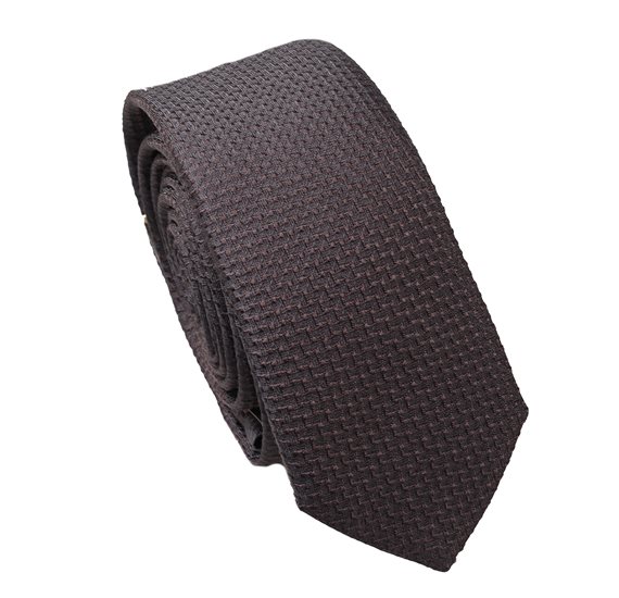 Cravatta Stretta in Seta Marrone Scuro Broccato