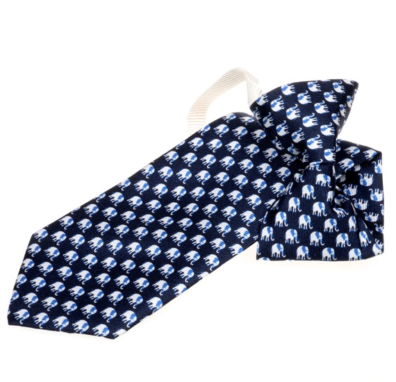 Cravatta Bambino in Seta Blu Navy con Elefanti Bianchi