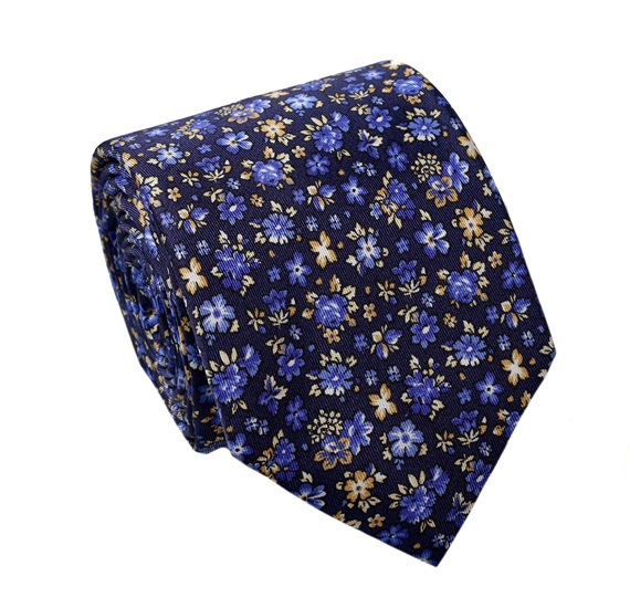 Cravatta e Fazzoletto con Fiori Blu in Seta Naturale