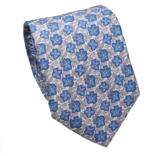 Cravatta e Fazzoletto in Seta Naturale Fiori Blu
