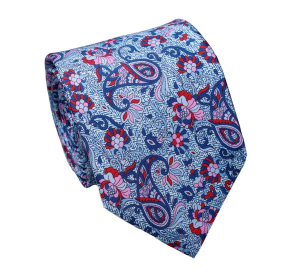 Cravatta e Fazzoletto in Seta Paisley Blu e Rosa