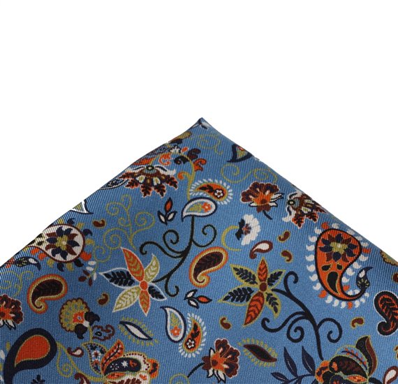 Fazzoletto da Taschino in Seta Blu con Fiori e Motivi Paisley